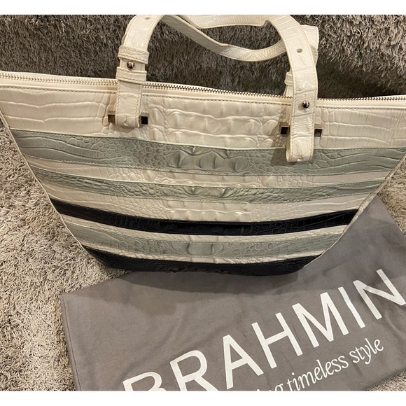 Brahmin like new bag, blue,gray and navy stripe timeless style, 17,by 11 by 4. - Picture 1 of 5